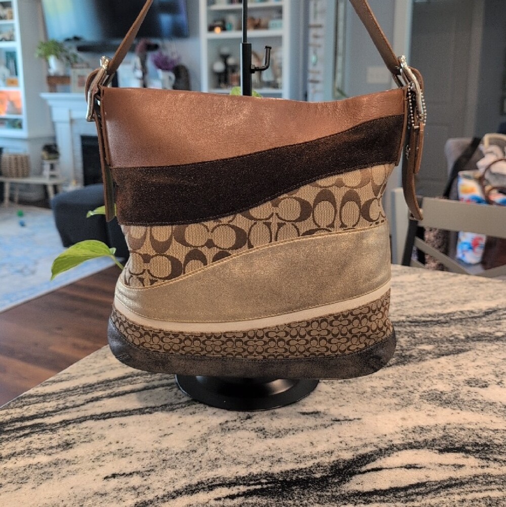 Coach Patchwork Brown Multi-Texture Hobo Shoulder Bag w/Matching Wristlet - Picture 2 of 16
